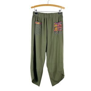 Vintage Women's Olive Green Boho Harem Pants Patchwork Pockets Art Teacher READ